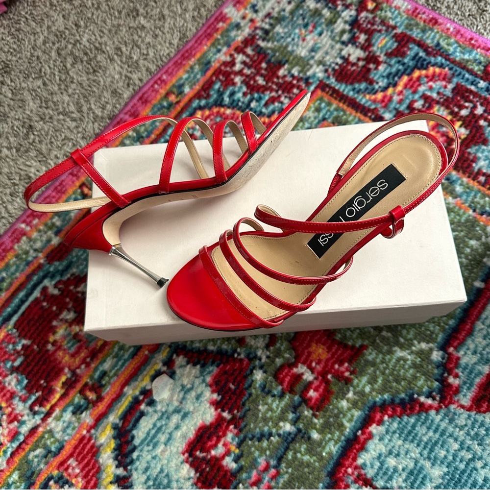 Sergio Rossi Red Godiva Steel Round Toe Stiletto Slip On Slingback Heels 37 - Picture 2 of 9